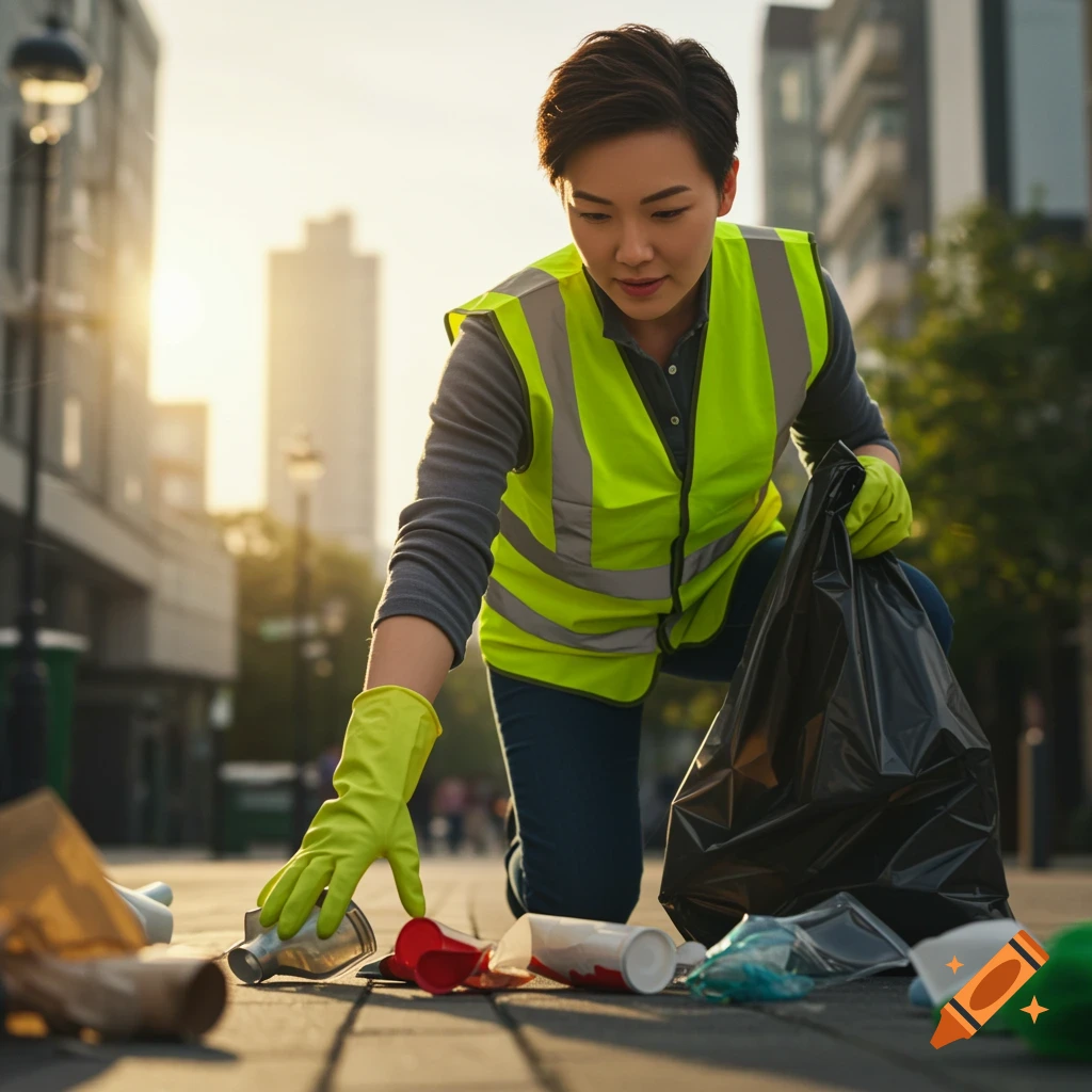 Photorealistic image of a woman in a high-visibility vest and gloves picking up litter on a city street at sunset.