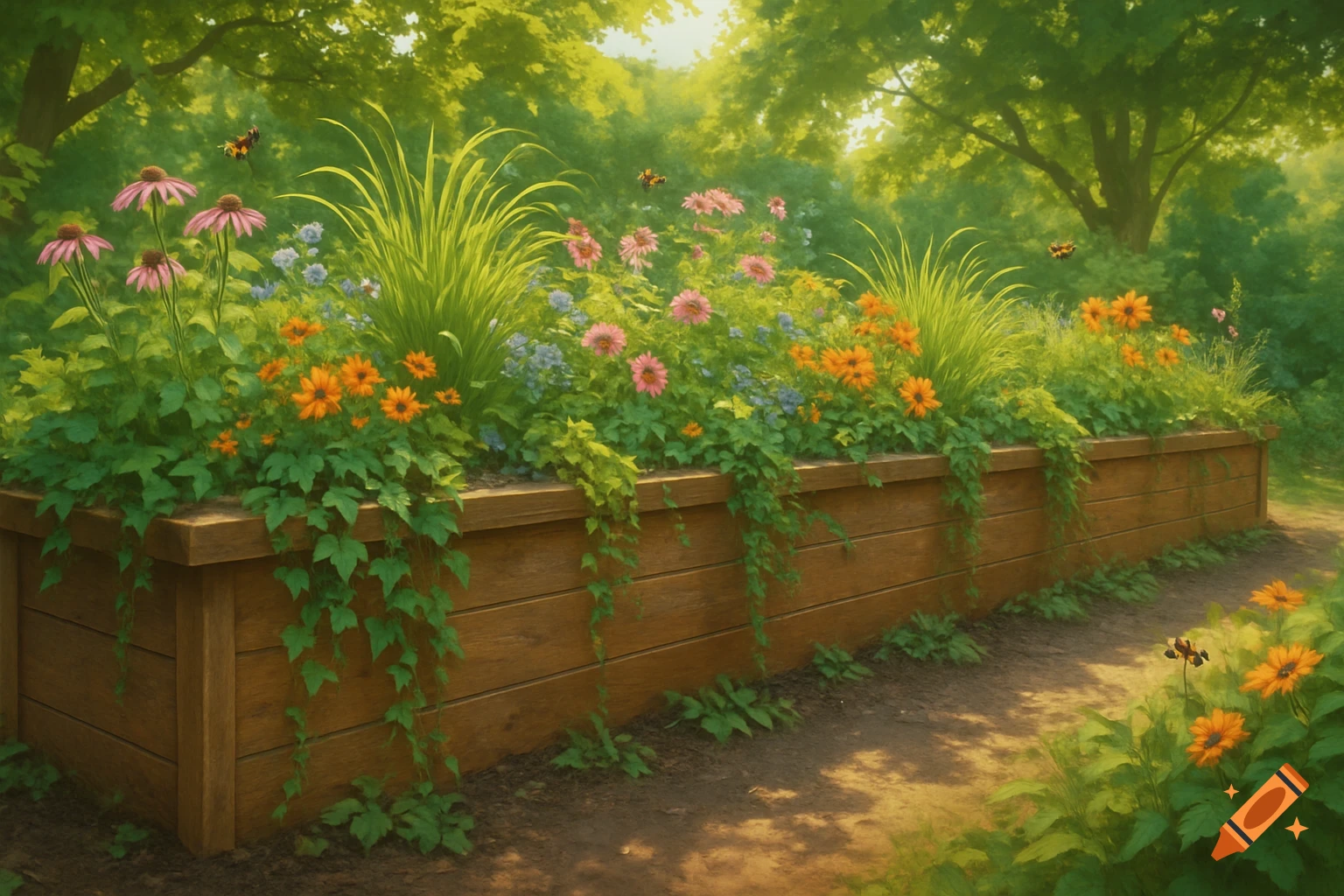 A vibrant wooden raised garden bed filled with pink, orange, and blue flowers, with green foliage and trees in the background.