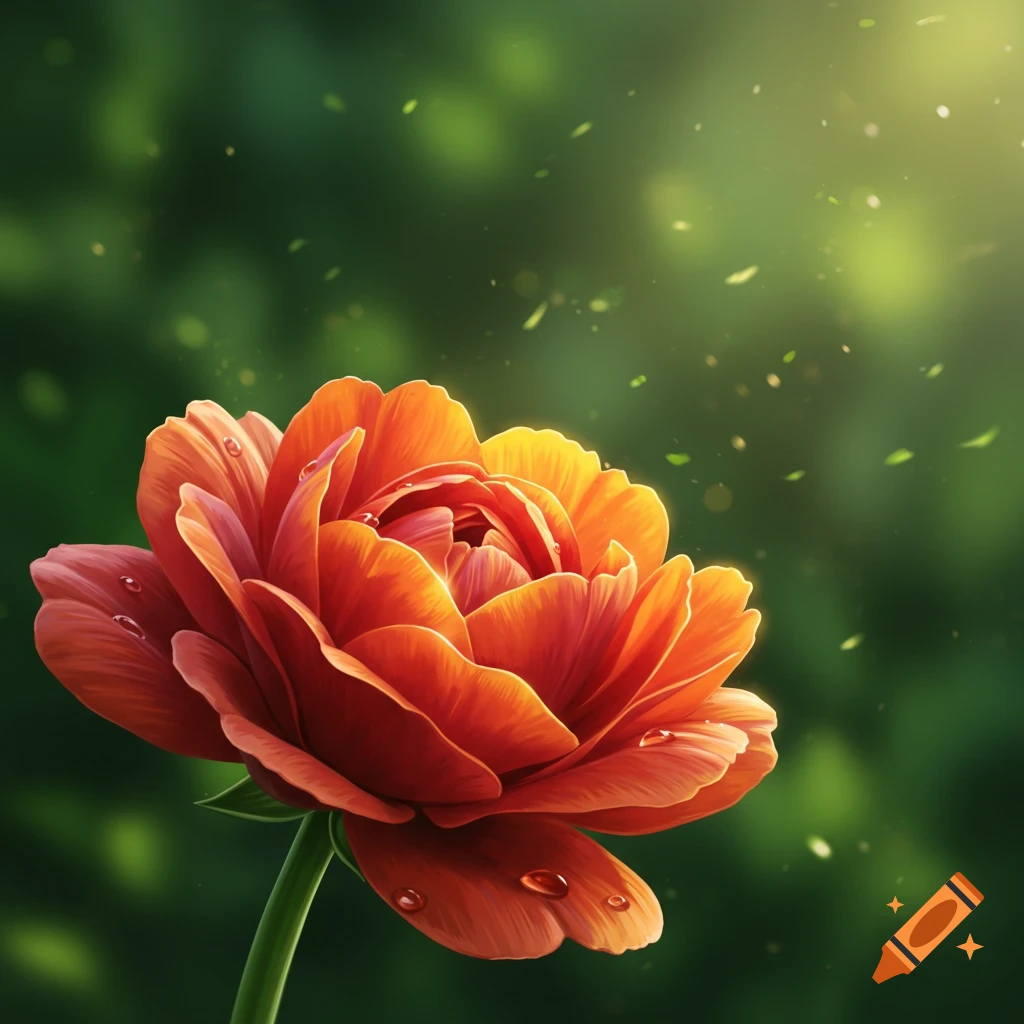 A vibrant orange-red flower with water droplets on its petals, set against a soft green background with bokeh lights.