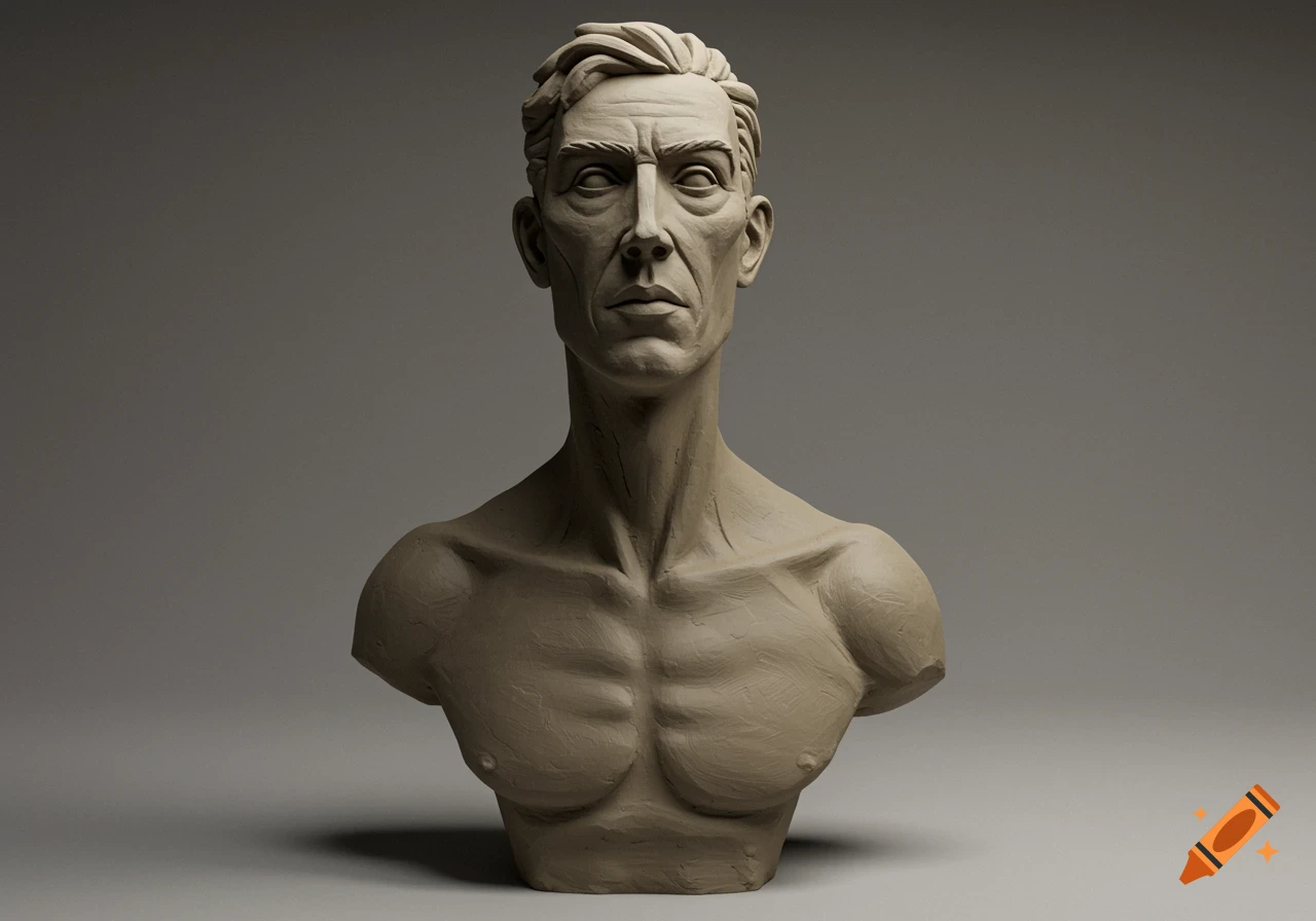 A detailed clay bust of a stern-faced man looking forward.
