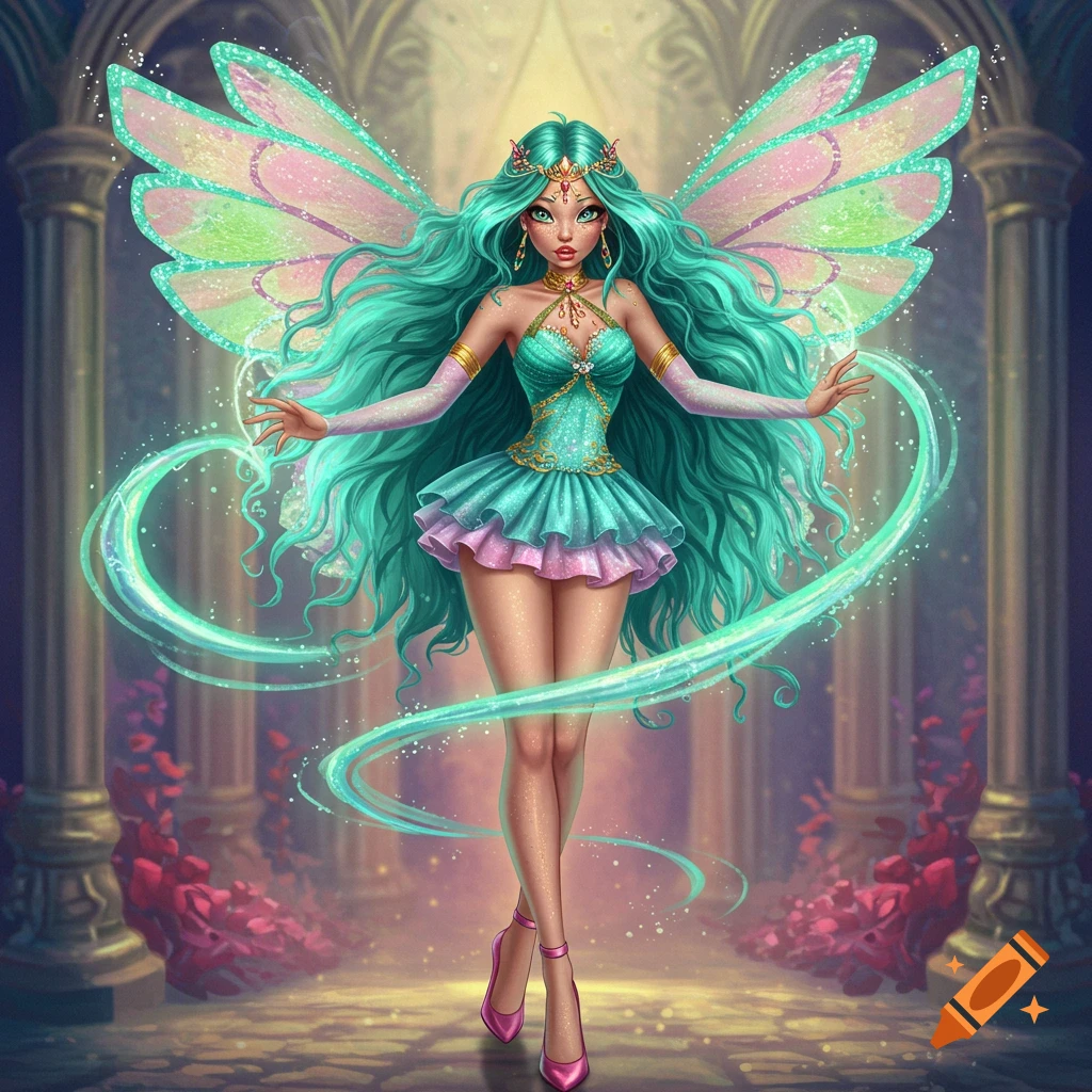 A vibrant fairy princess with long turquoise hair and large sparkling wings stands in a magical hall, glowing with turquoise energy.