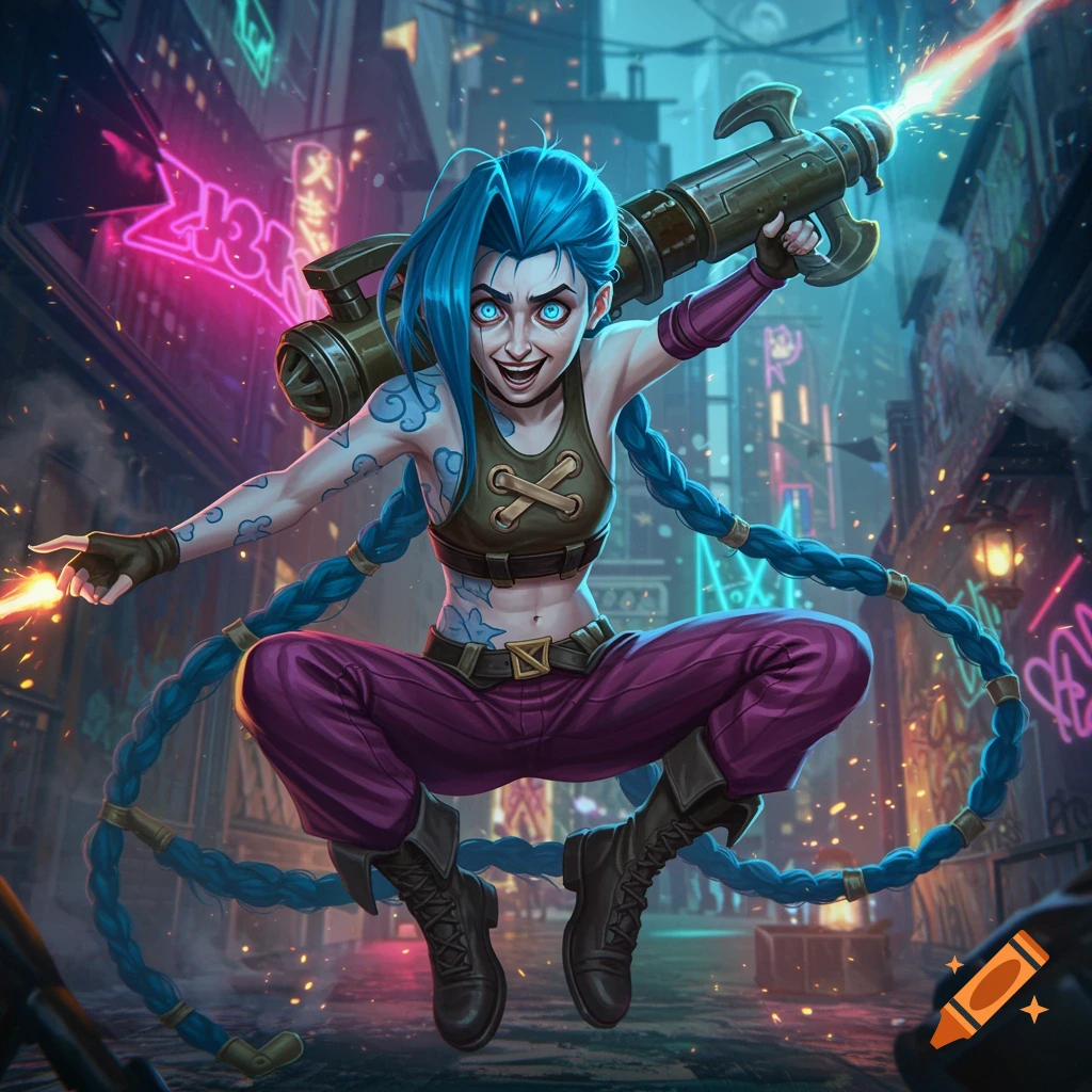 Jinx from Arcane, with blue braided hair and glowing eyes, jumps while holding a large weapon in a neon-lit cyberpunk city.