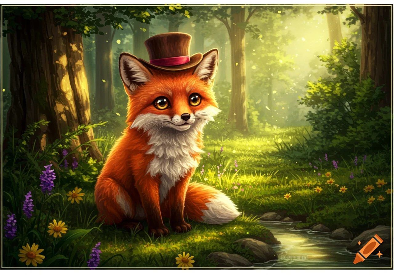A cute, orange fox wearing a brown top hat sits by a stream in a sunlit forest with purple and yellow flowers.