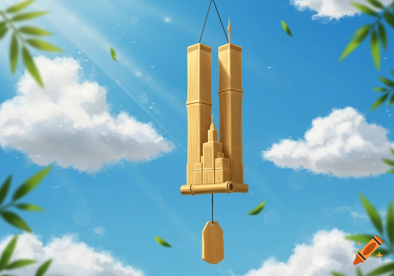A bamboo wind chime shaped like the Twin Towers hangs in a sunny blue sky with clouds and green leaves.