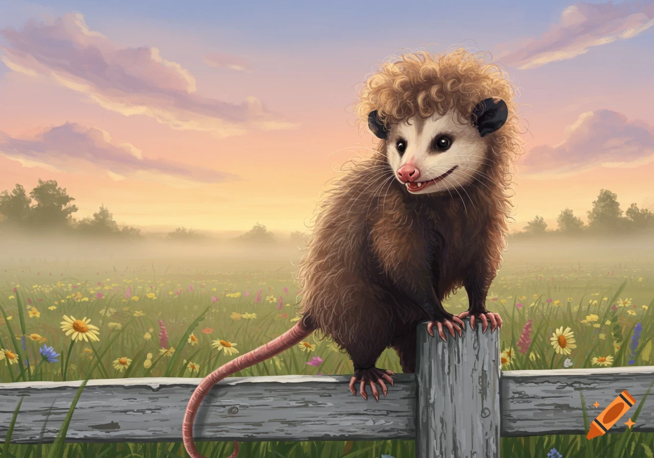 An opossum with a perm sits on a wooden fence post in a vibrant field at sunrise.