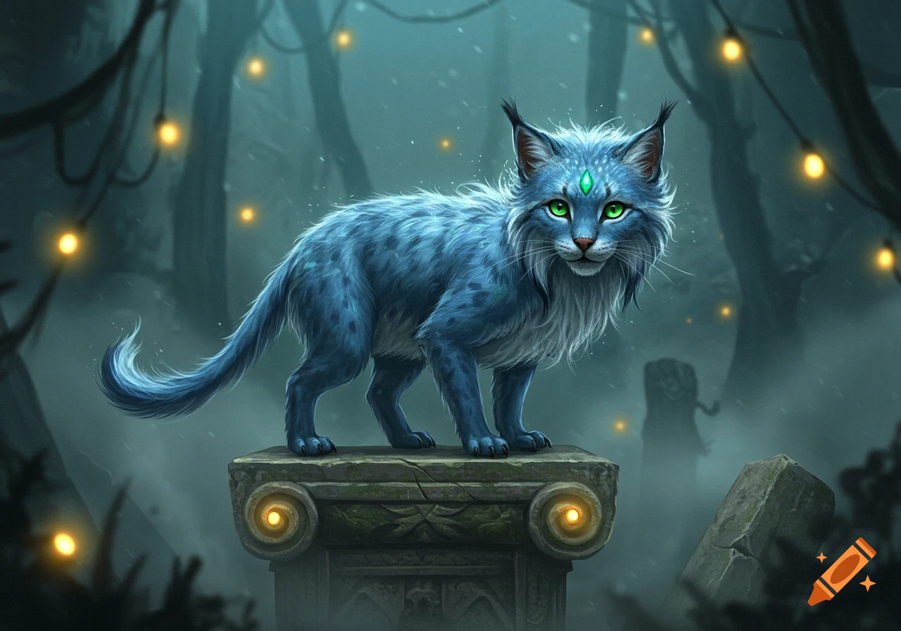 A mystical blue lynx with glowing green eyes and a forehead gem stands on a stone pedestal in a misty fantasy forest with glowing orbs.