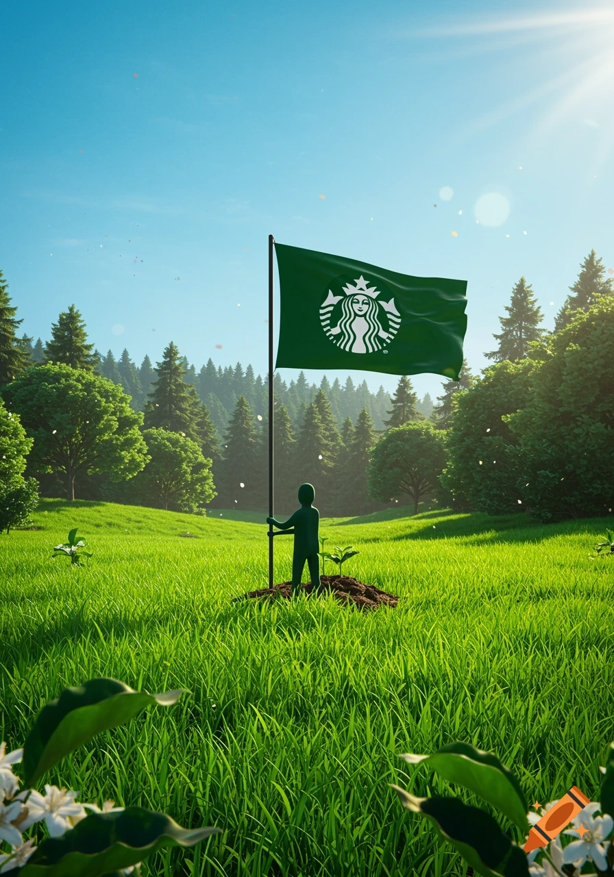 A silhouette figure plants a dark green flag with the Starbucks logo in a lush, sunlit green field with trees.