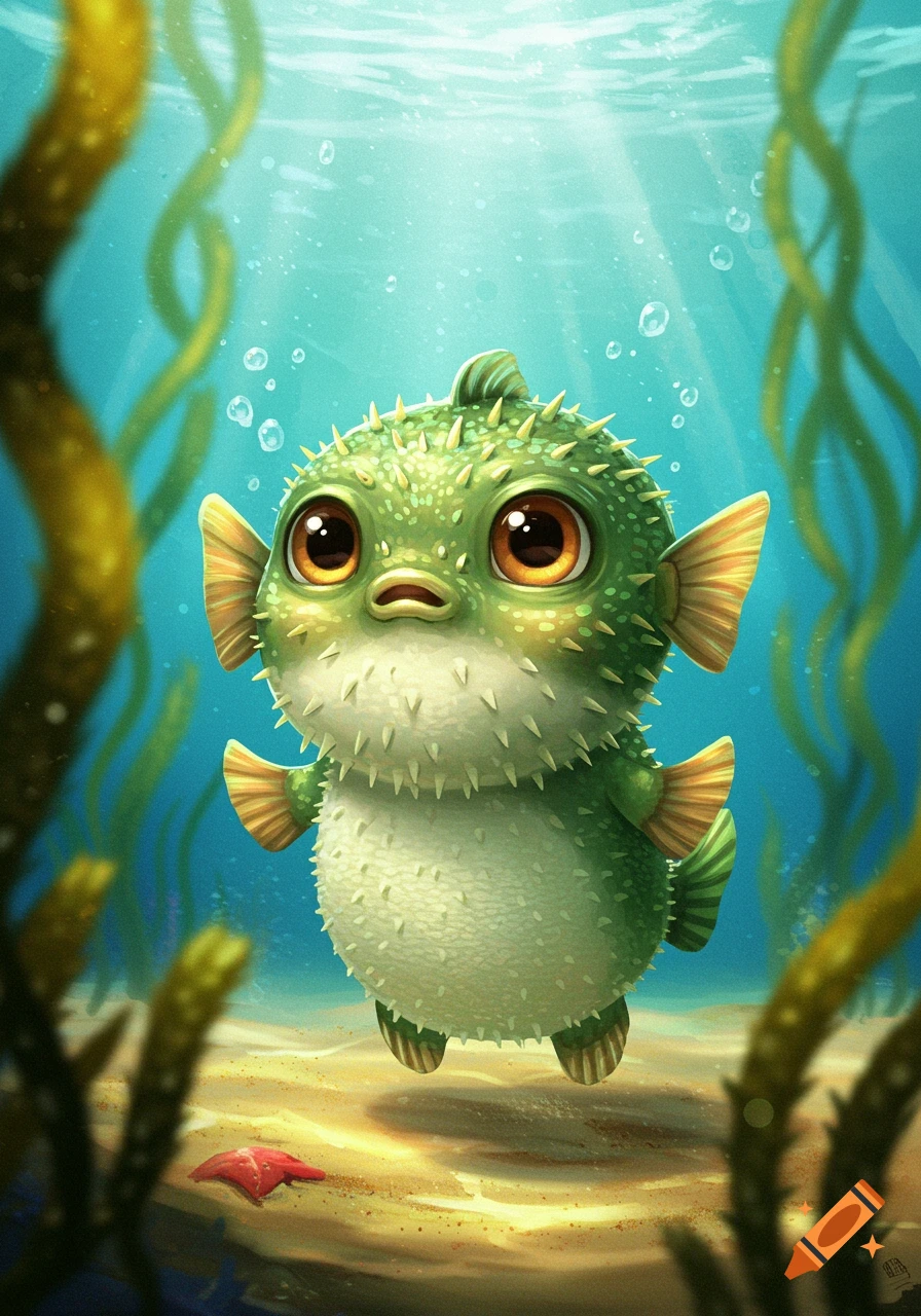 A cute, big-eyed green pufferfish with a white belly swims in clear blue water, surrounded by swaying seaweed on a sandy seabed.