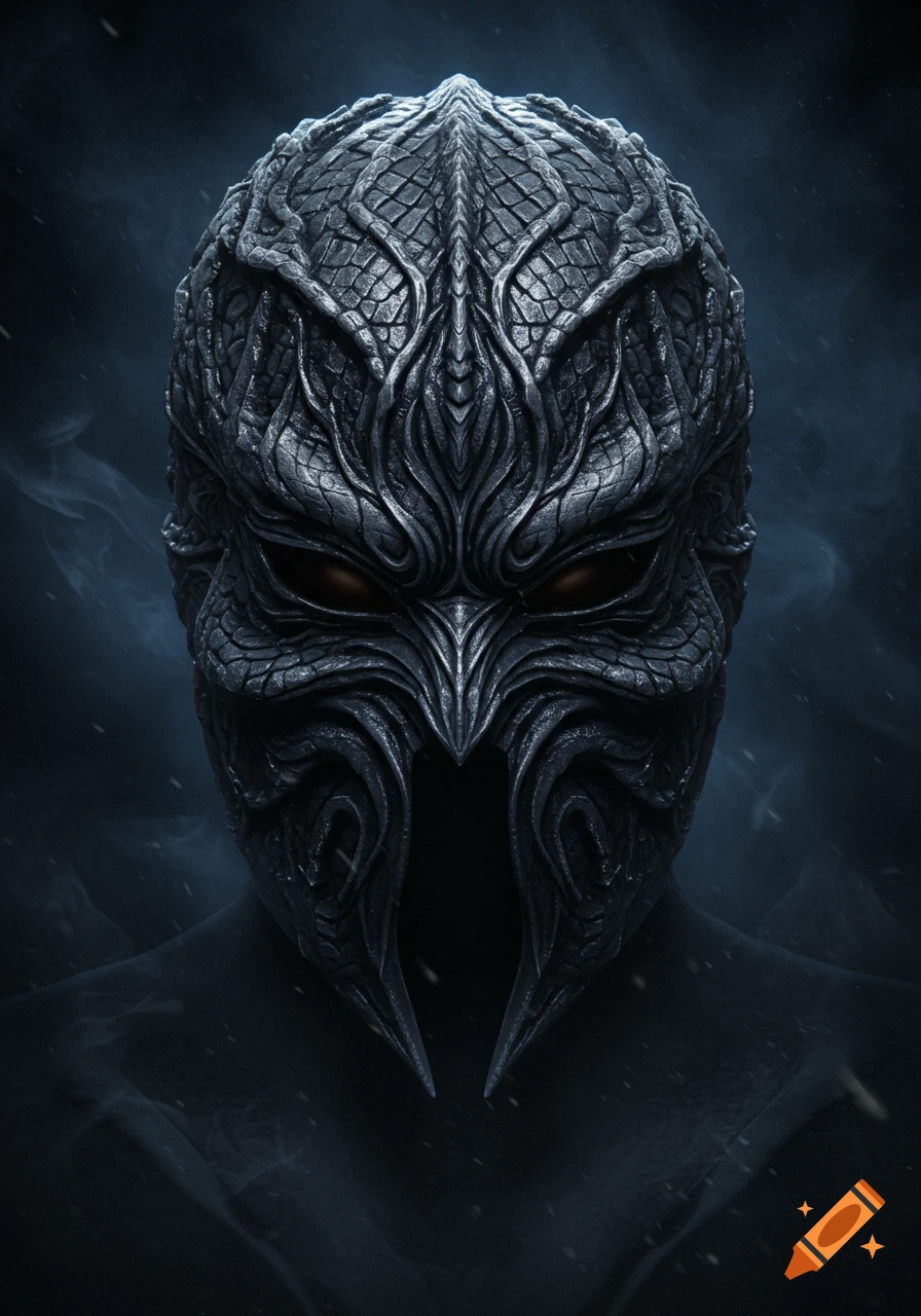 A close-up of a dark, intricate helmet with snake-like textures and glowing red eyes, against a smoky, dark background.