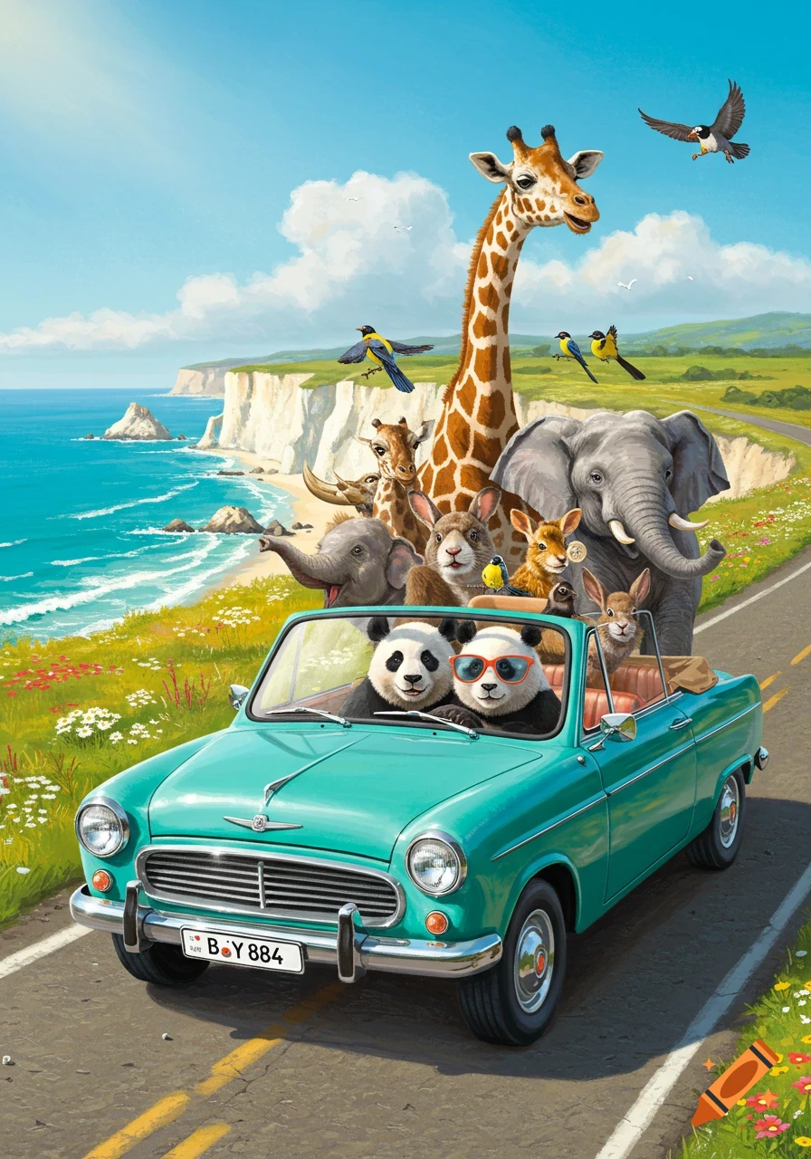 A cartoon illustration of various animals, including pandas, a giraffe, elephants, and rabbits, riding in a teal convertible car along a coastal road.