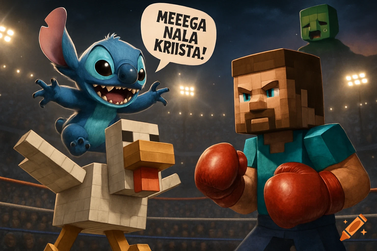 Stitch rides a Minecraft chicken in a boxing ring against Minecraft Steve, with a crying zombie in the background.