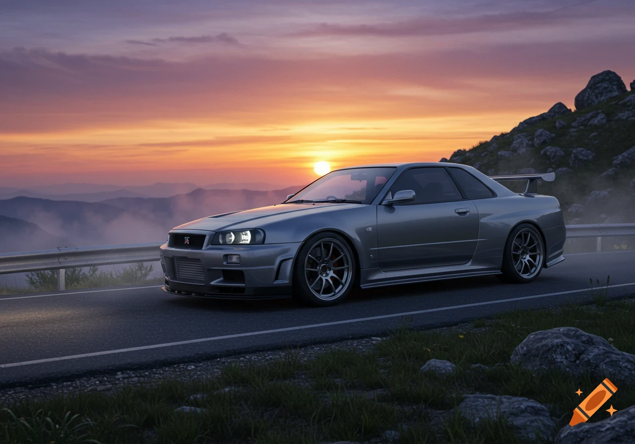 A silver Nissan Skyline R34 GT-R parked on a winding mountain road at sunset, with a vibrant orange and purple sky and misty mountains in the background.