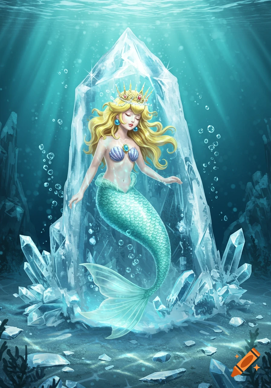 Mermaid Princess Peach with a crown and seashell top, frozen within a large ice crystal underwater, surrounded by glowing crystals and bubbles.