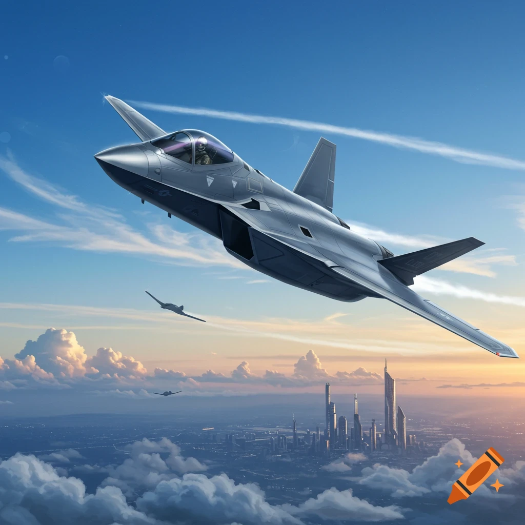 A futuristic gray stealth fighter jet with forward-swept wings flies over a city at sunset, with other jets in the distance.