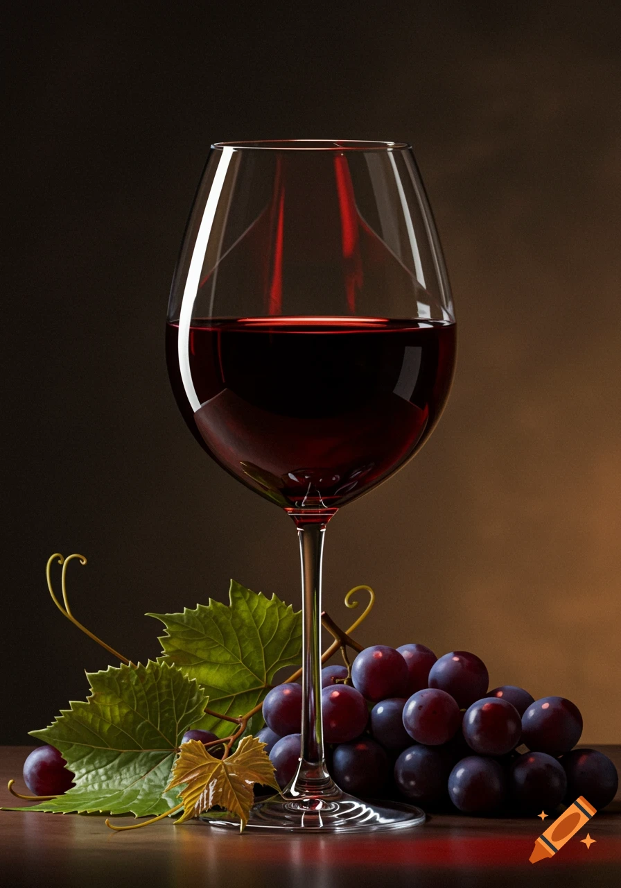 A glass of red wine stands next to a cluster of purple grapes and green leaves on a dark surface.