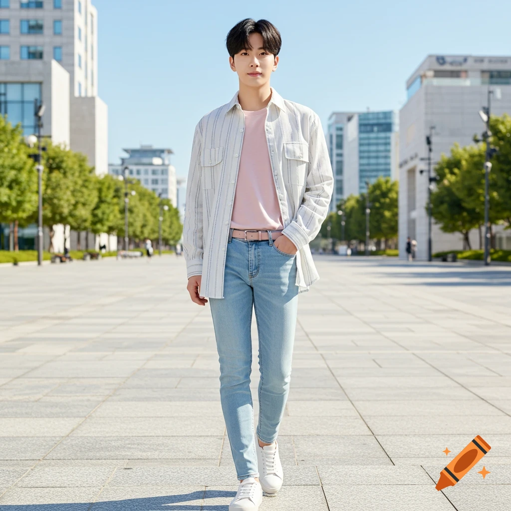 A handsome Korean man in a striped shirt, pink t-shirt, light blue jeans, and white sneakers walks in a sunny Seoul city square.