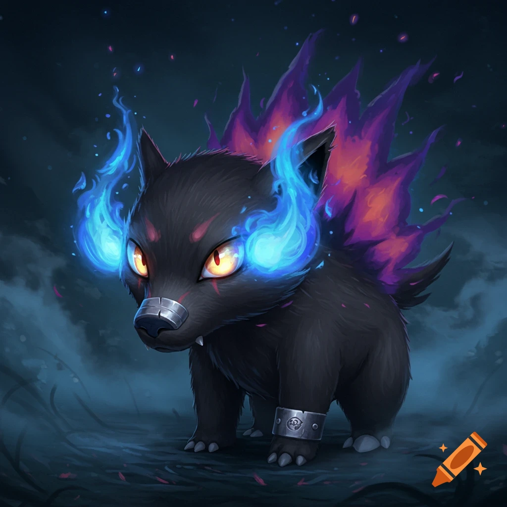 A dark charcoal gray creature with glowing blue and purple flames, yellow-orange eyes, and a metal cuff on its front leg, standing in a misty, dark environment.