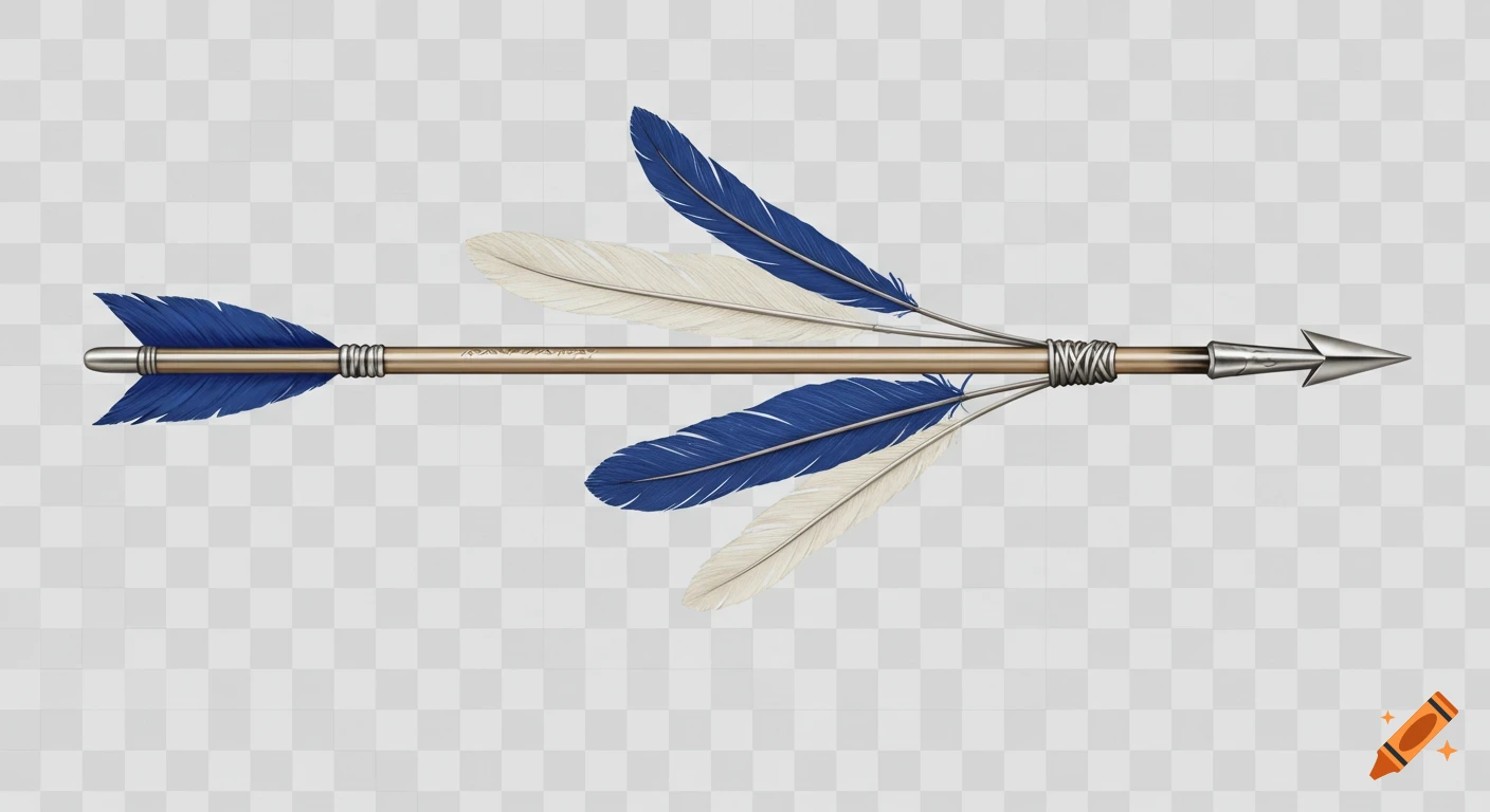 A horizontal arrow with blue and white feathers on a transparent background.