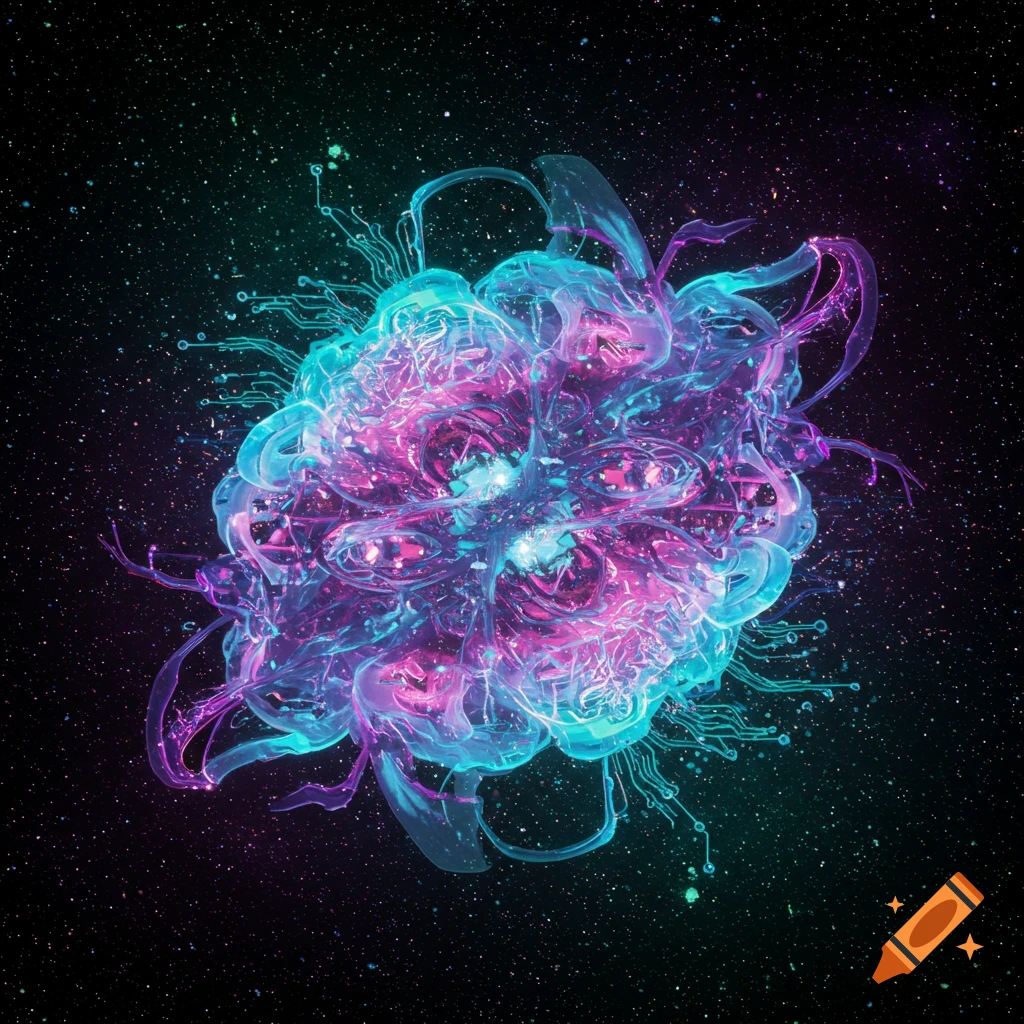 Abstract glowing teal and magenta organic-digital structure floating in a starry void.