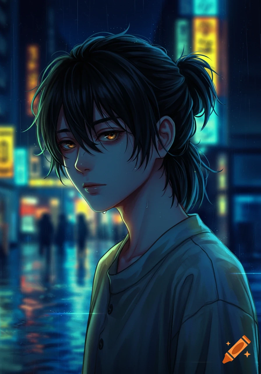 Anime illustration of a tired teenage boy with black hair in a ponytail and amber eyes standing in a rainy city at night.