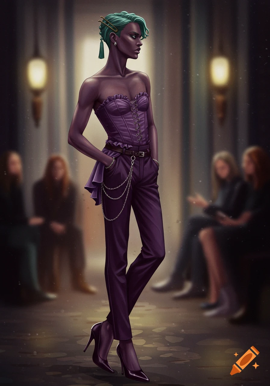 Full-body digital art portrait of a person with dark skin and teal hair, wearing a purple corset, trousers, and heels, standing on a runway.