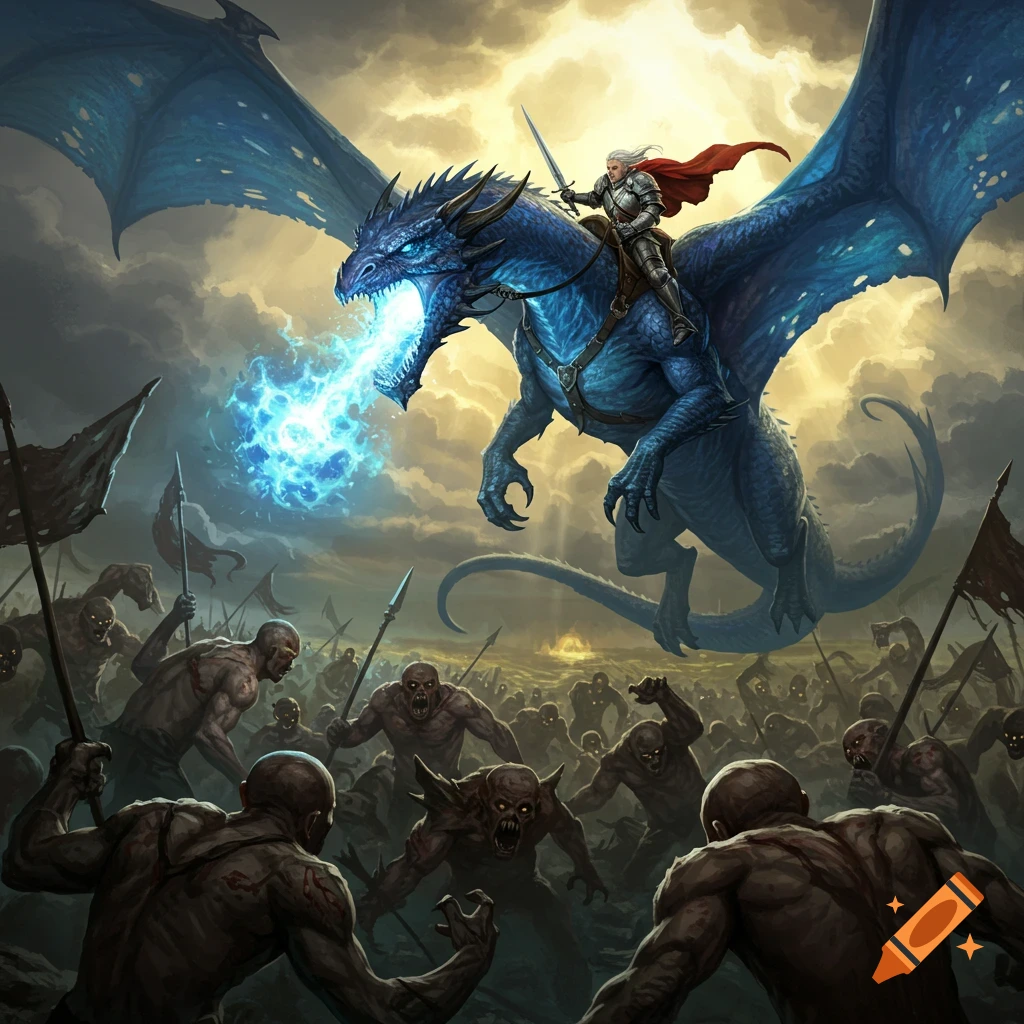 A powerful blue dragon with a knight rider breathes blue fire over a horde of monstrous creatures in an epic fantasy battle.