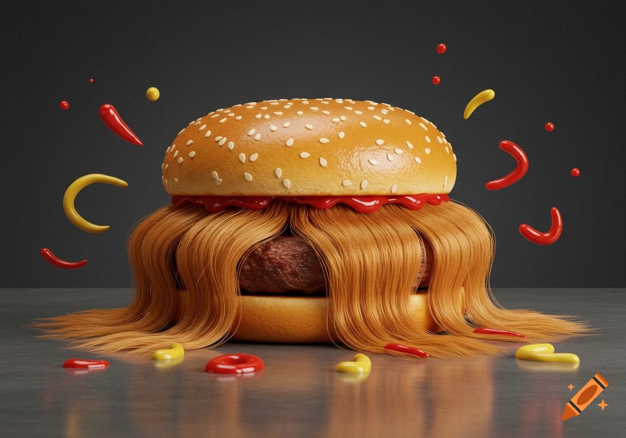 A surreal image of a burger filled with long, flowing reddish-blonde hair, with floating ketchup and mustard blobs.
