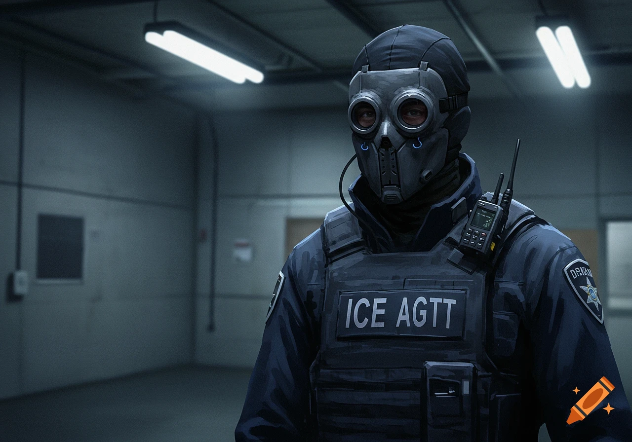 A stylized portrait of an ICE agent officer wearing a dark uniform, tactical vest with 'ICE AGTT' written on it, and a gas mask, standing in a dimly lit warehouse or corridor.