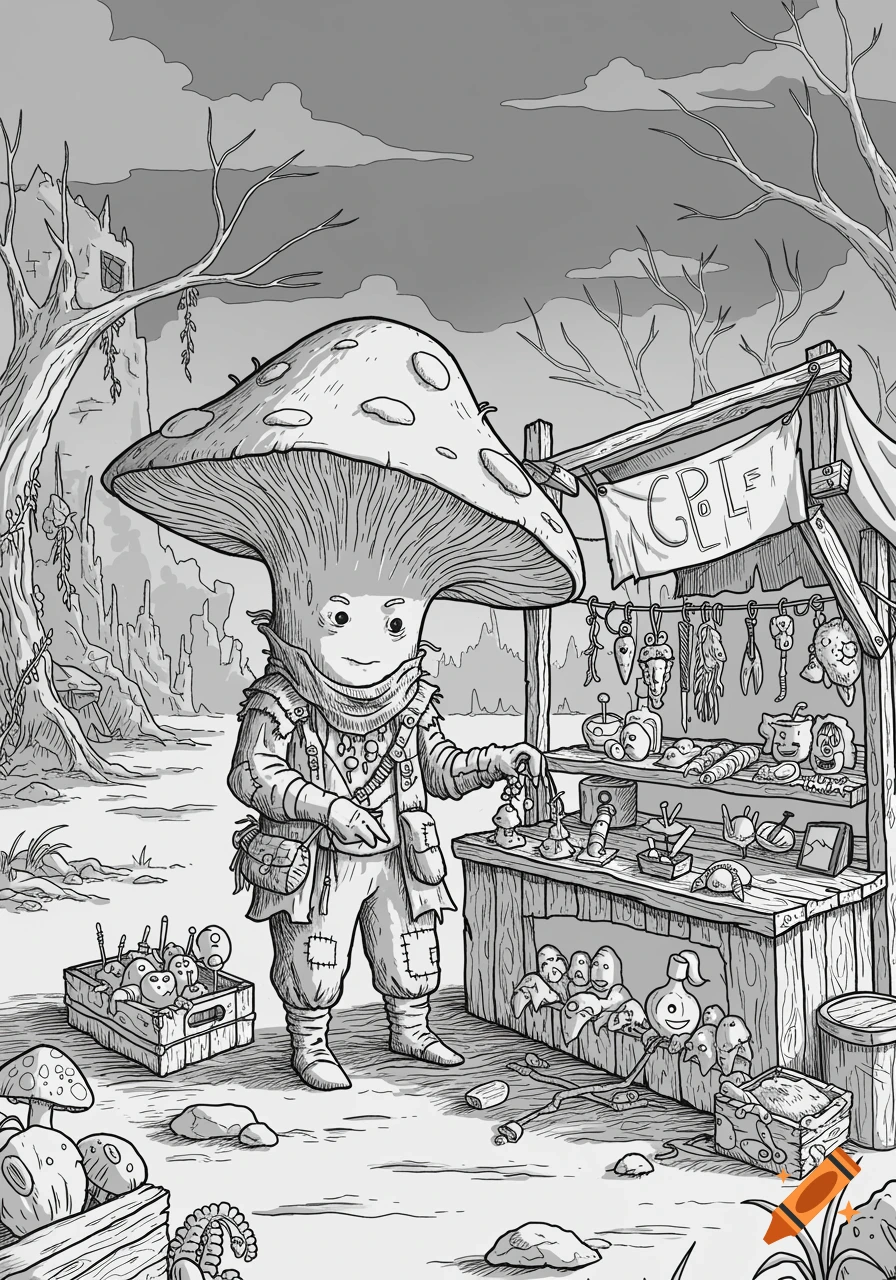 Black and white sketch of a mushroom person merchant at a stall in a desolate, post-apocalyptic setting.