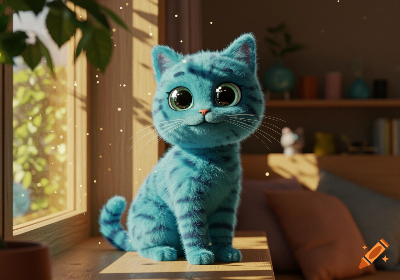 A cute, fluffy blue cat with stripes and large, glossy eyes sits on a sunlit wooden sill, looking forward with a slight smile.