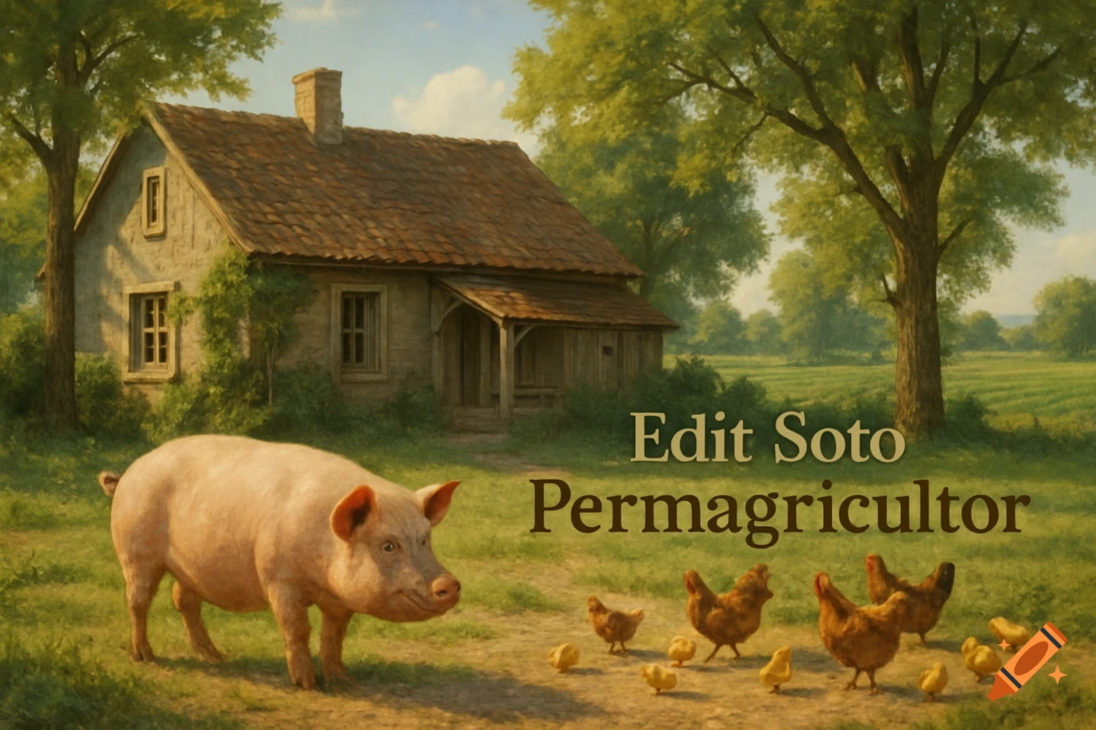 A pig and chickens in a green field with a farmhouse and trees, text reads 'Edit Soto Permagricultor' in a painterly style.