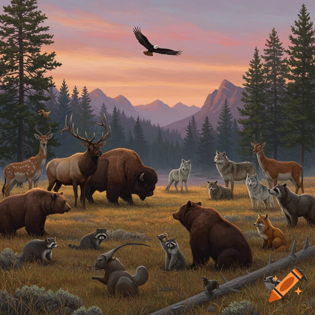 Photorealistic painting of diverse wildlife including bison, elk, bears, wolves, deer, fox, and raccoons gathered in a grassy field with mountains and pine trees under a sunset sky.