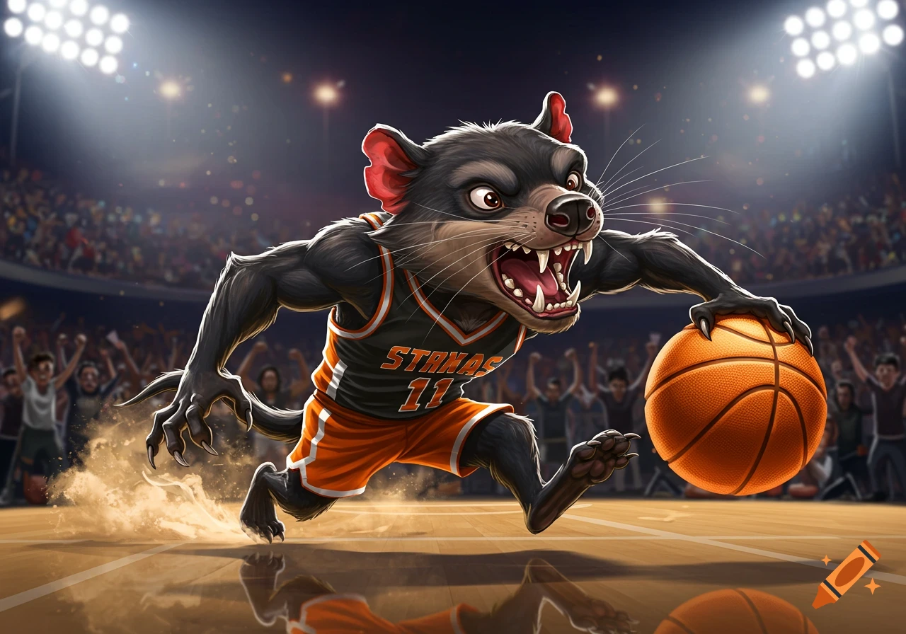 A cartoon Tasmanian devil dribbling a basketball on a court in a stadium.