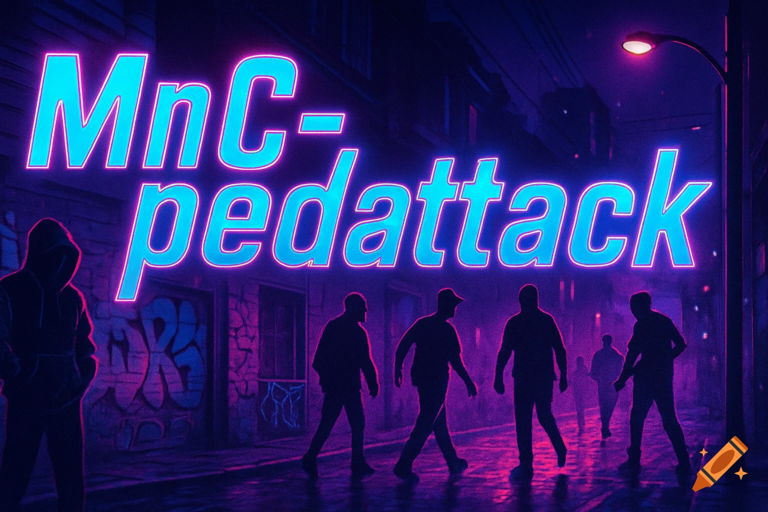 A dark urban alley at night with neon blue text 'MnC-pedattack' glowing brightly above silhouetted figures on a wet street. The scene has a retro synthwave style with purple and blue hues.