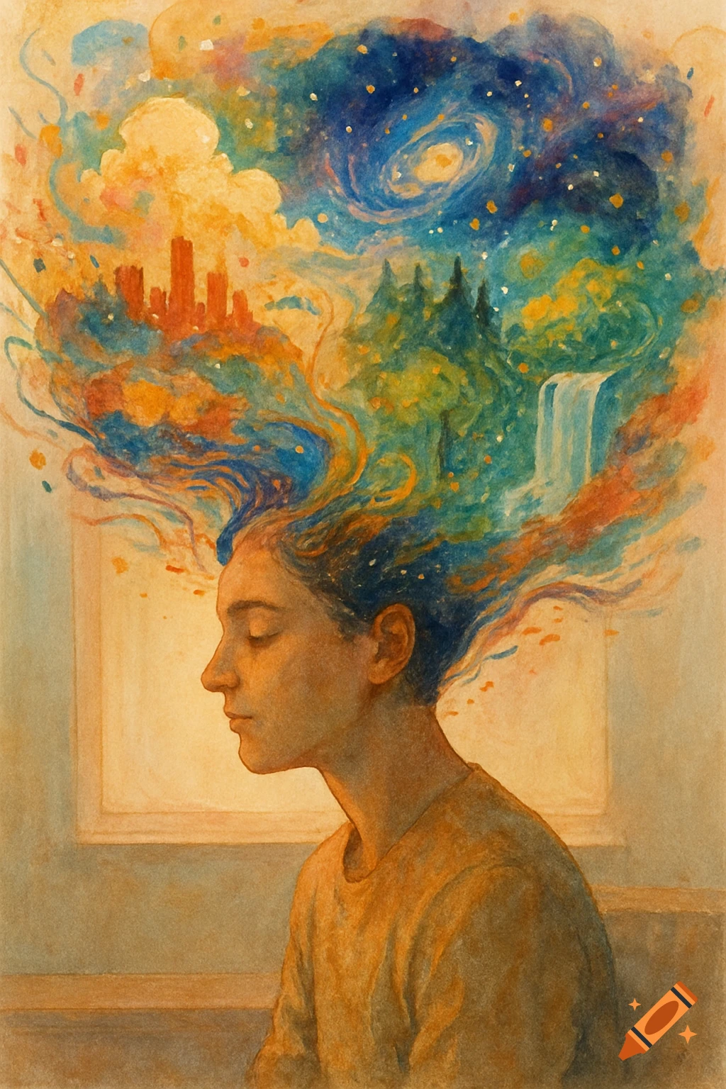 Watercolor portrait of a person with eyes closed, vibrant landscapes and starry sky flowing from their head.