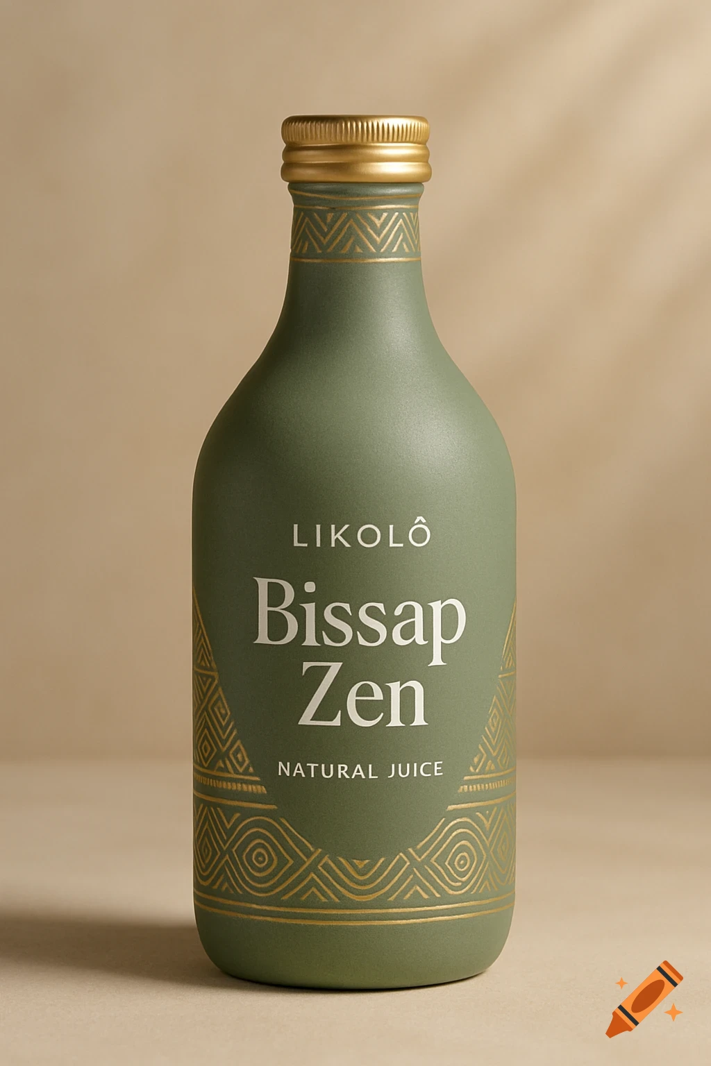 A sage green bottle with a gold cap, white text 'LIKOLÔ Bissap Zen NATURAL JUICE', and gold minimalist patterns on a beige background.