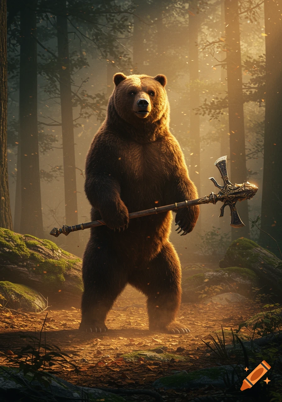 A large brown bear stands upright in a sunlit forest, holding an ornate mace.