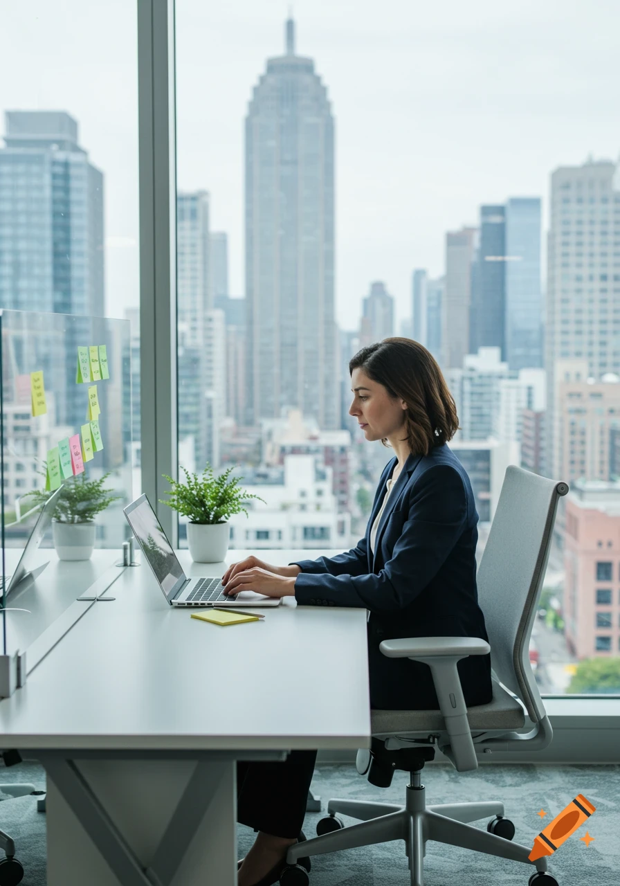 A woman sits at an office desk, working on a laptop with a city skyline visible through a large window.