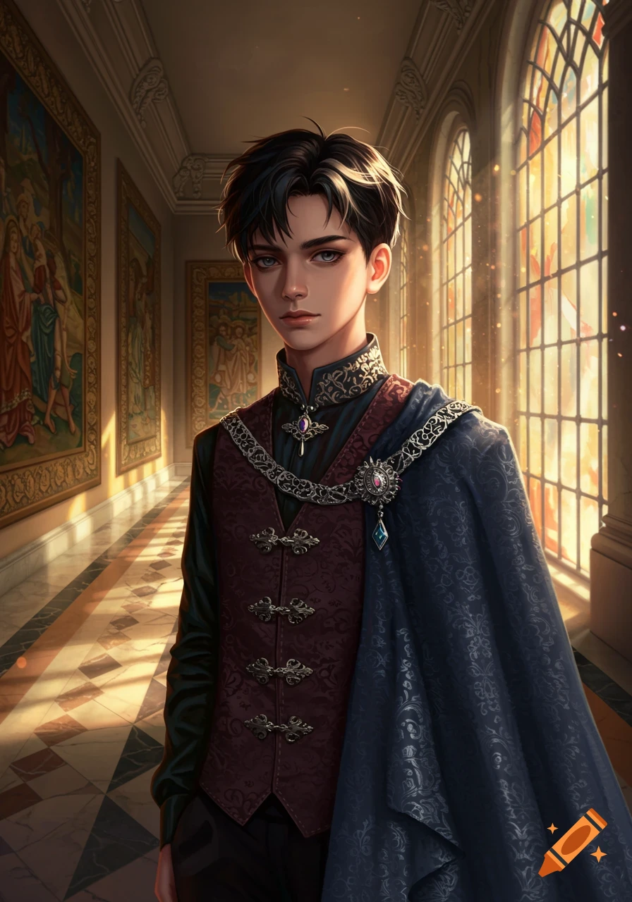A young prince with dark hair and blue eyes, wearing elaborate royal attire, stands in a sunlit palace hallway.