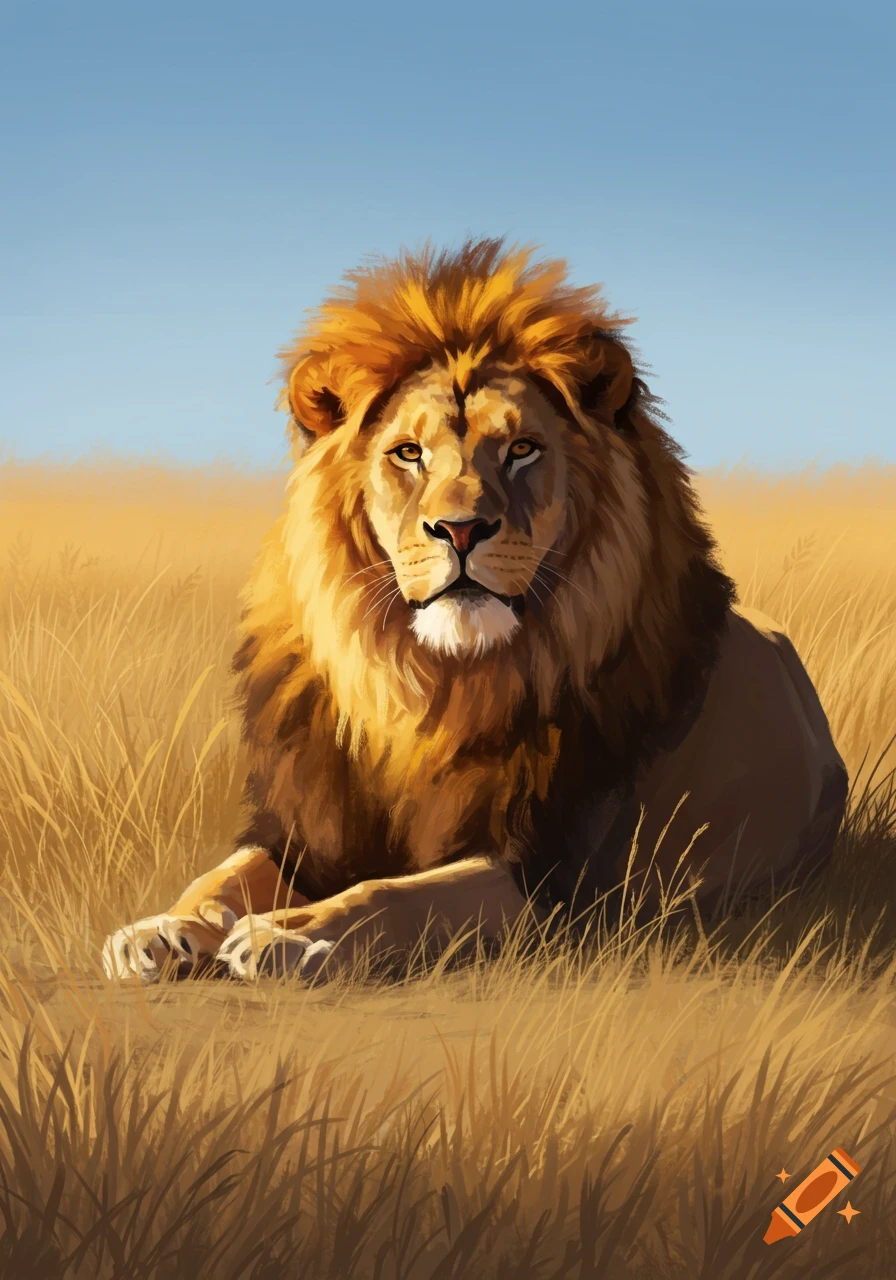 A majestic lion with a fiery mane rests in golden savanna grass under a clear blue sky, looking directly at the viewer.