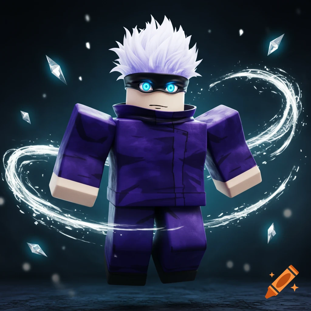 A Roblox-style character, resembling Gojo Satoru, with spiky white hair and a black blindfold with glowing blue eyes, wearing a purple outfit, floating amidst glowing crystals and white energy swirls against a dark background.