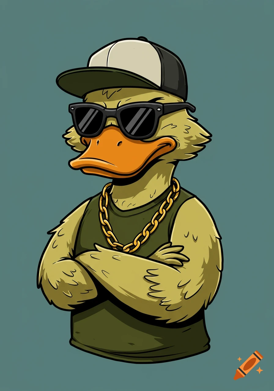 A cartoon duck with a tough demeanor, wearing a baseball cap, sunglasses, and a gold chain, with its wings crossed.