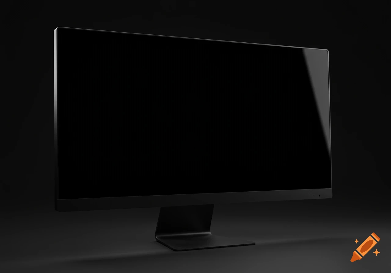 A sleek black computer monitor with a completely black screen on a dark background, in a photorealistic style.