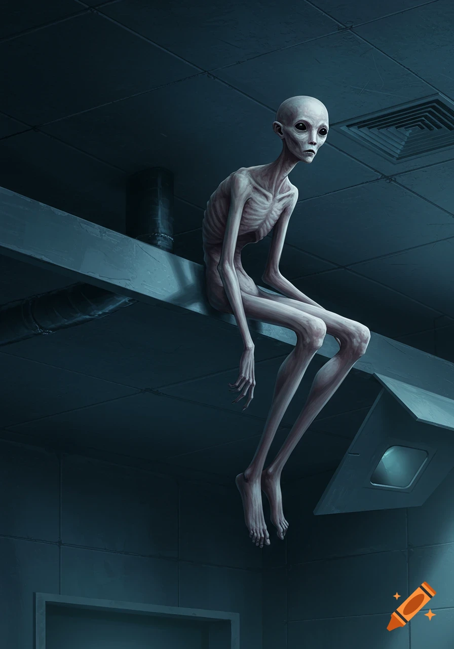A gaunt, pale alien creature with large eyes sits on a beam in a dimly lit, blue-toned sci-fi room, digital art.