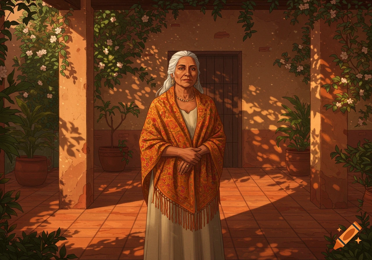 Illustrative portrait of an older Hispanic woman in a patterned shawl standing in a sunlit courtyard.