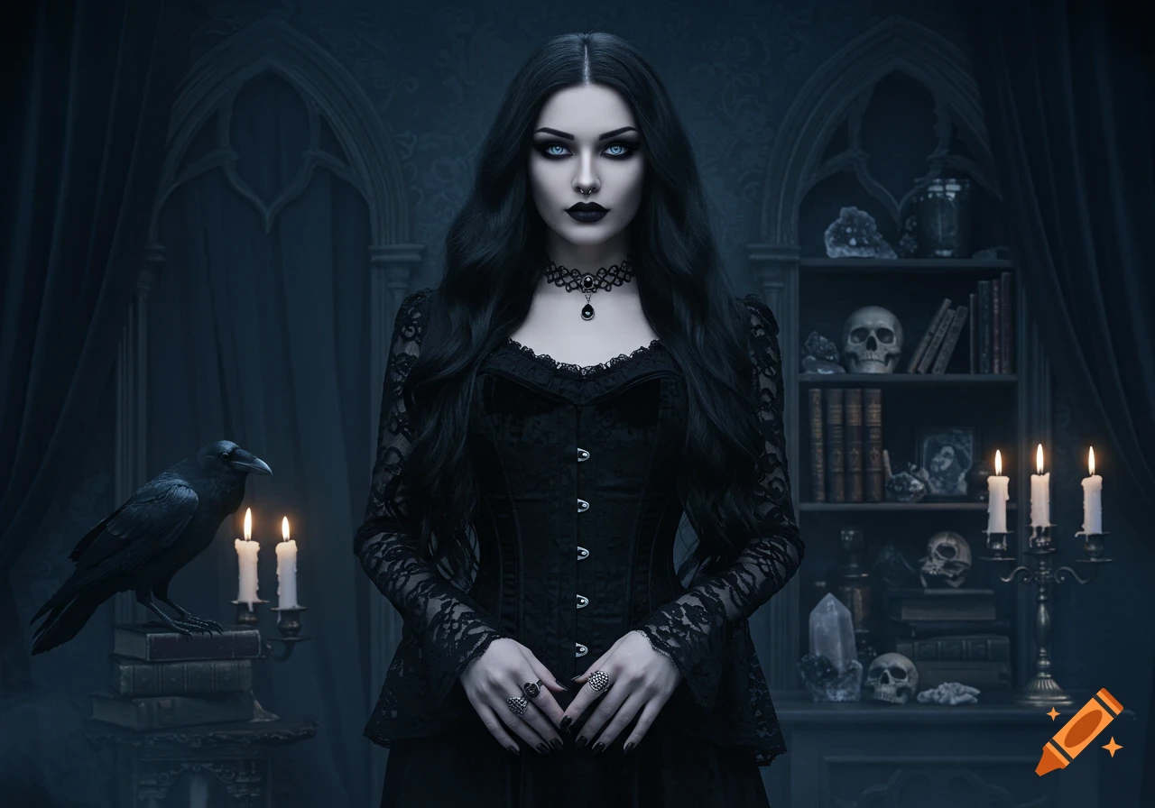 A gothic woman with long black hair and pale skin stands in a dimly lit room with a raven, candles, and a bookshelf with skulls.