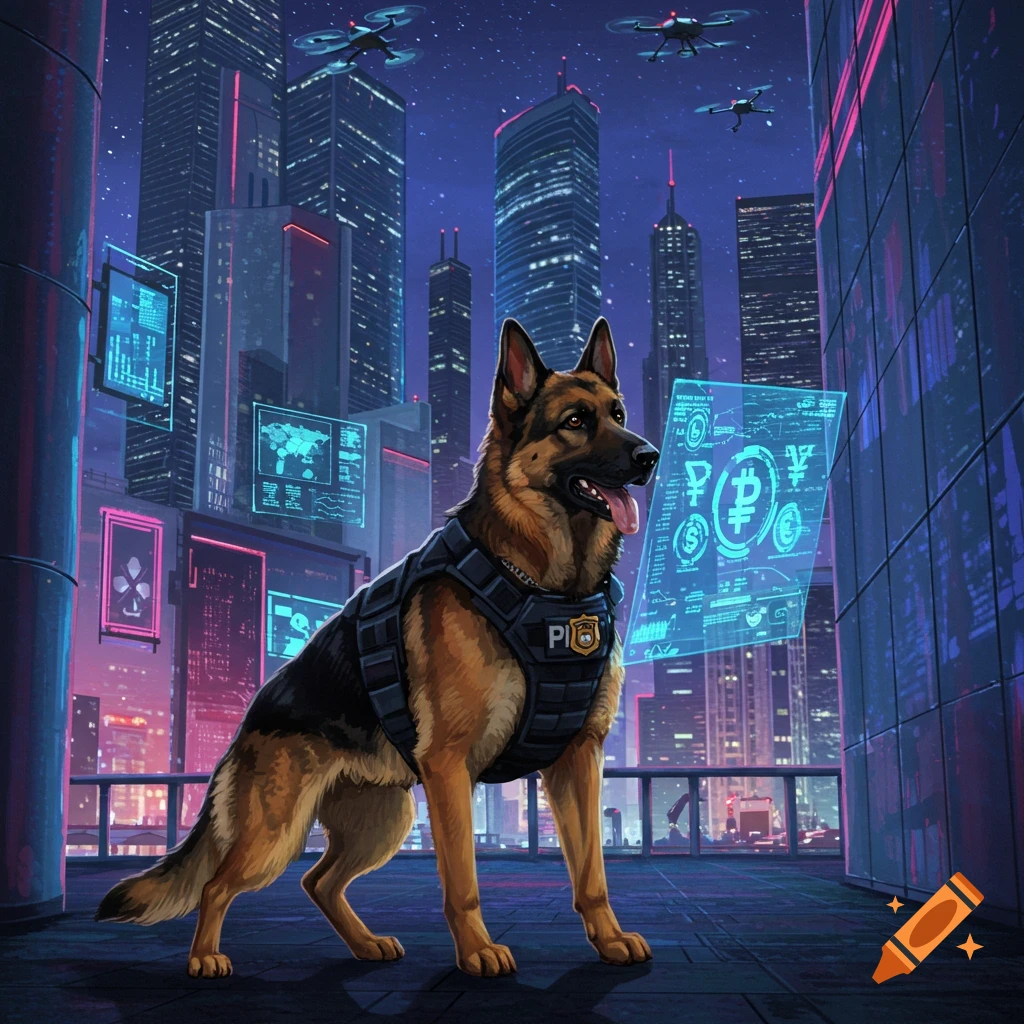 A German Shepherd wearing a tactical vest with a badge stands on a rooftop overlooking a futuristic city at night, looking at glowing holographic screens displaying financial symbols and data. Drones fly in the sky.
