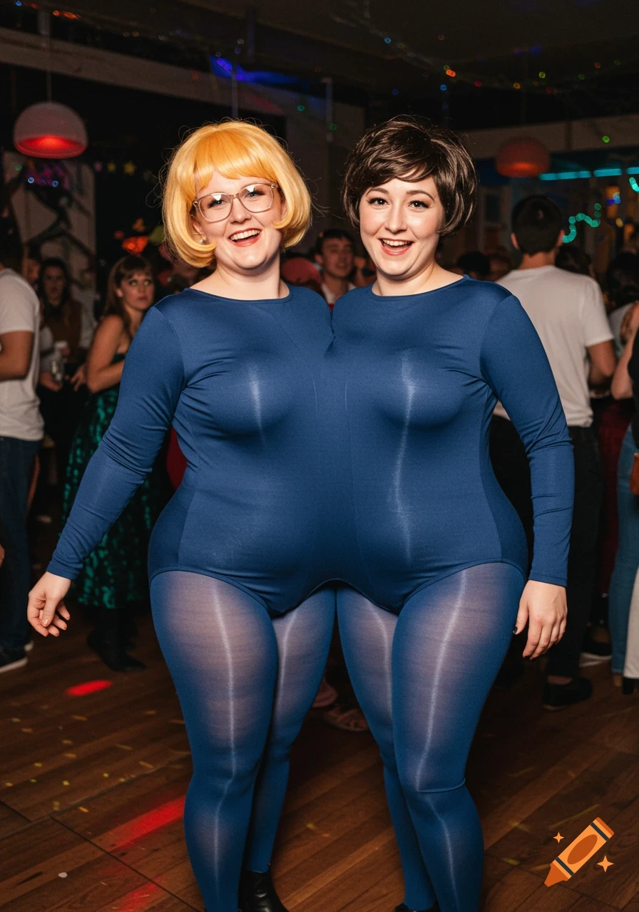 Two women in a navy blue conjoined bodysuit and tights at a Halloween party, creating an illusion of one body with two heads.