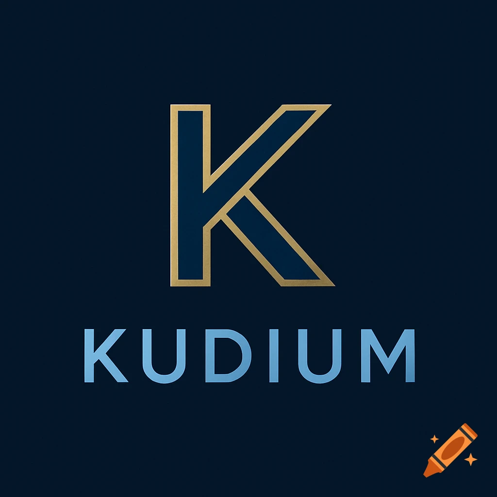 A modern minimalist logo with a gold and navy blue letter 'K' above the word 'KUDIUM'.