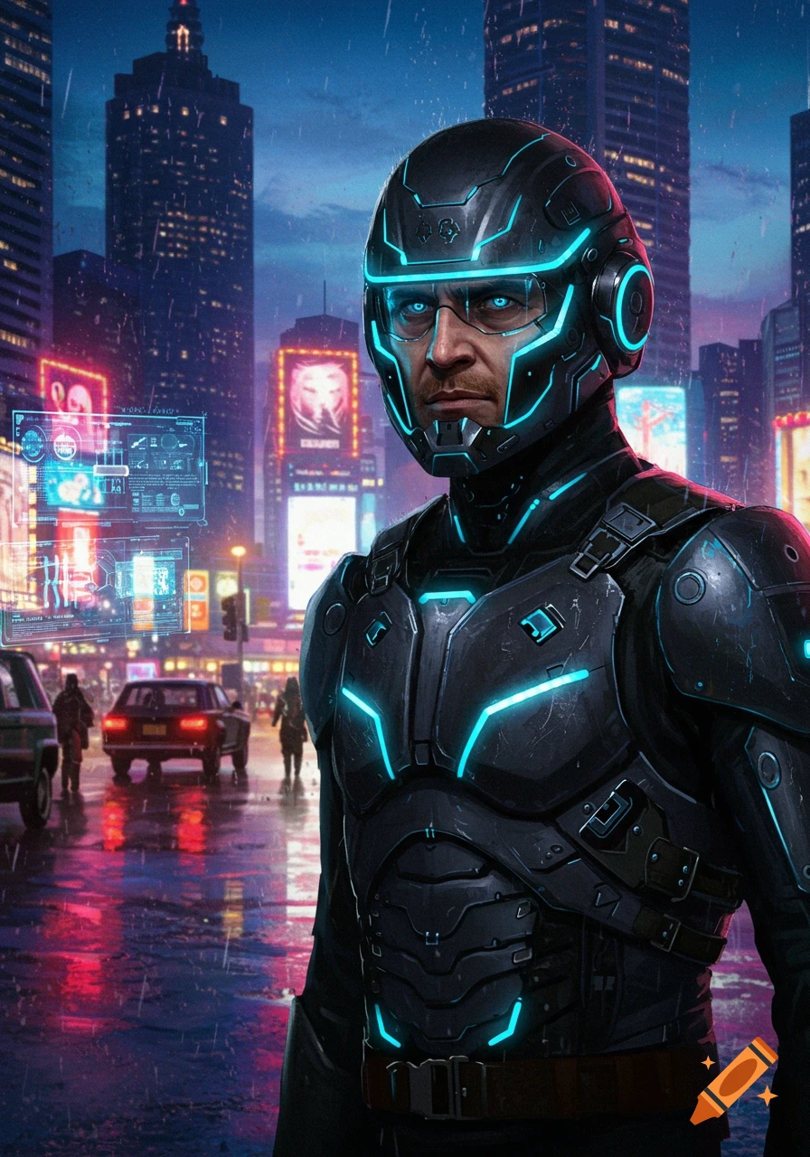 A man in a futuristic black suit with glowing blue accents stands on a rainy city street at night, with neon-lit skyscrapers in the background. Digital painting.